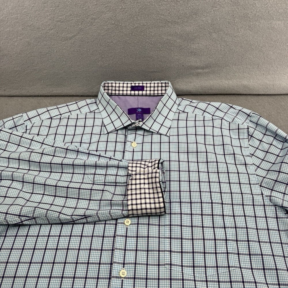 Egara Non Iron Shirt Mens XXL Blue Purple Flip Cuff Button Plaid Pocket‎ Cotton